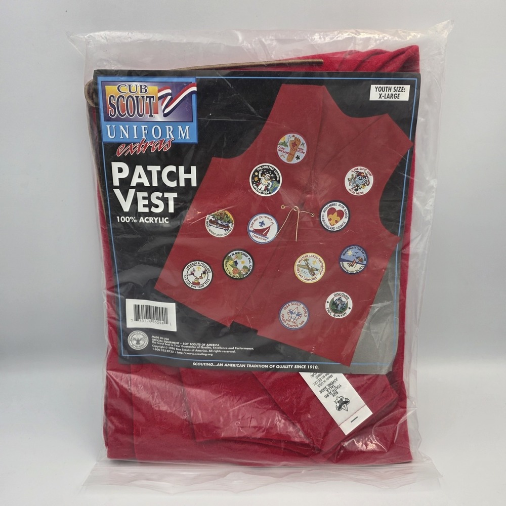 New BSA Cub Scout Uniform Patch Vest Red 100% Acrylic Youth Size XLarge Made USA